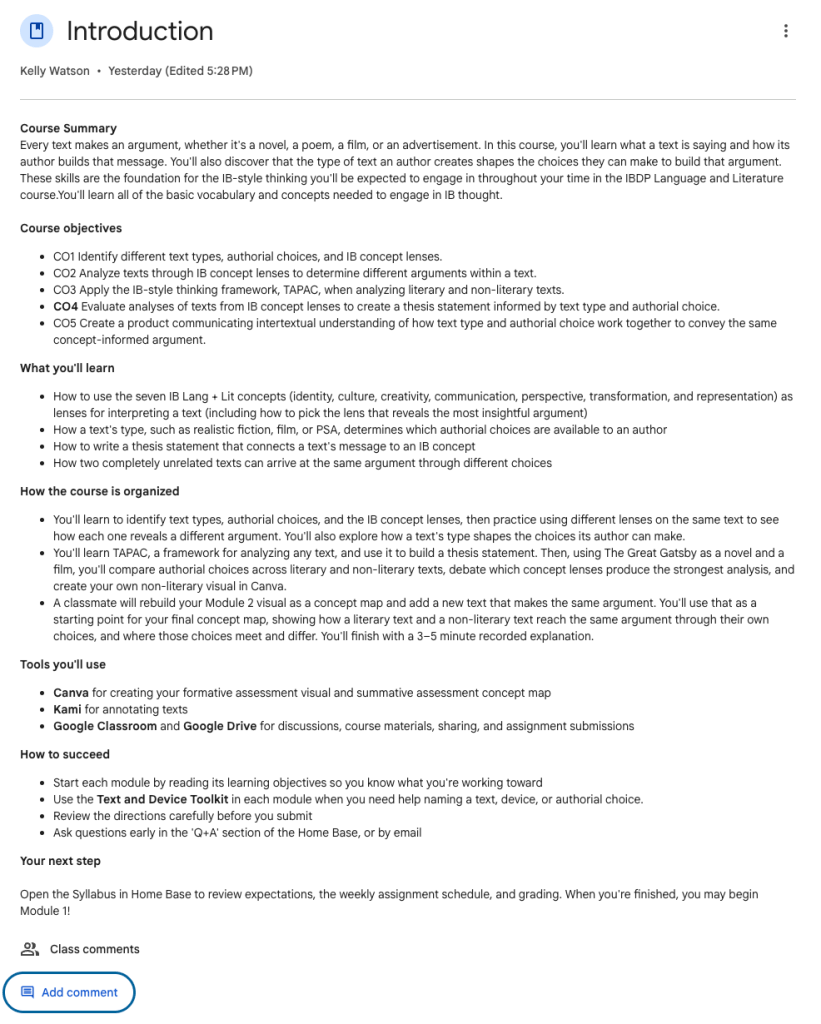 Course introduction materials