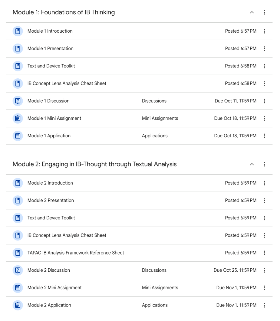 Classwork page with all three course modules expanded