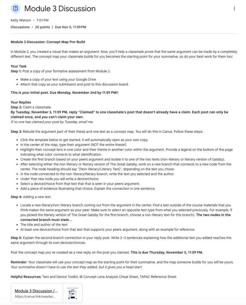 Module 3 discussion prompt for pre-building a classmate's concept map